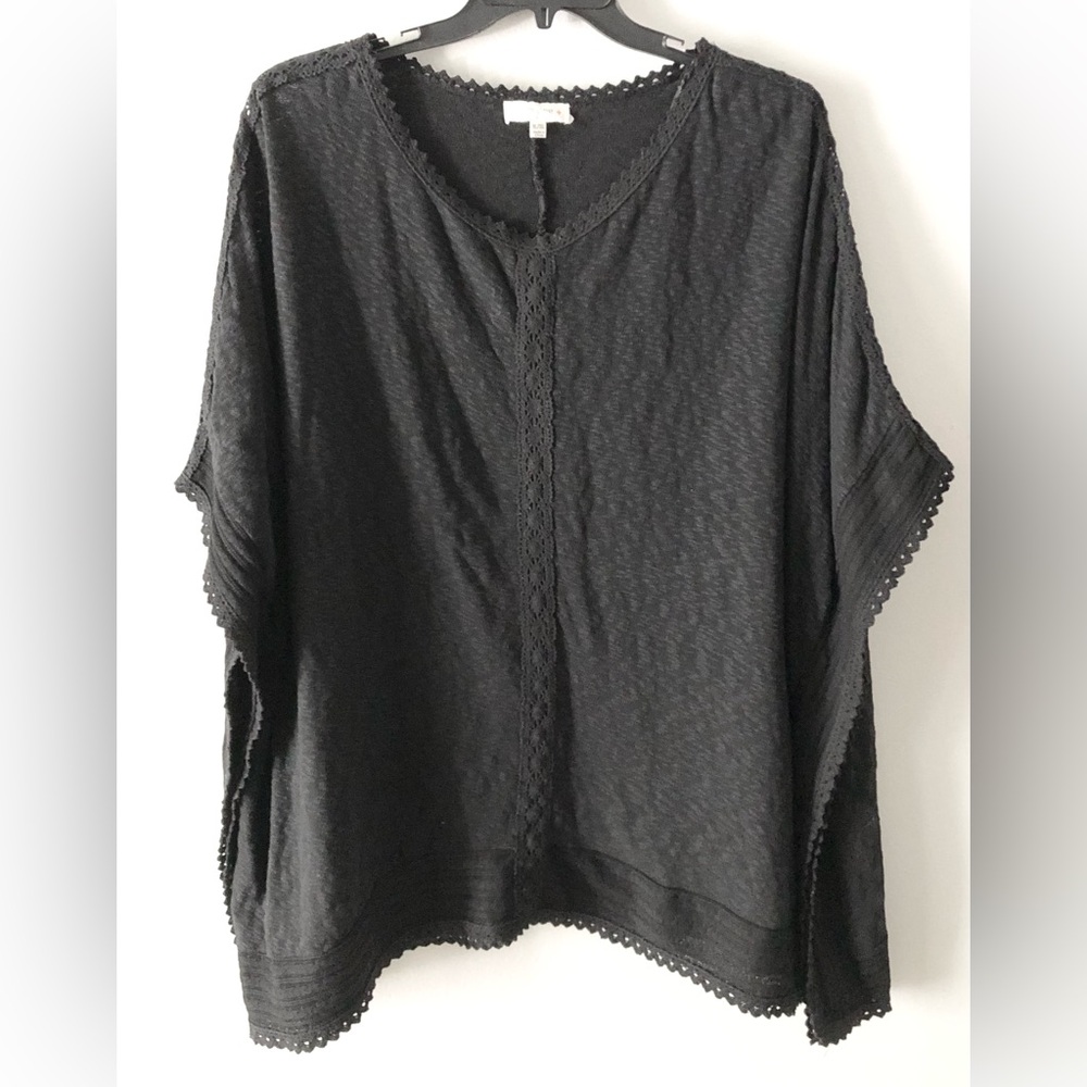 Umgee Black Crochet-Trim Poncho Tunic Top Boho Cotton Casual